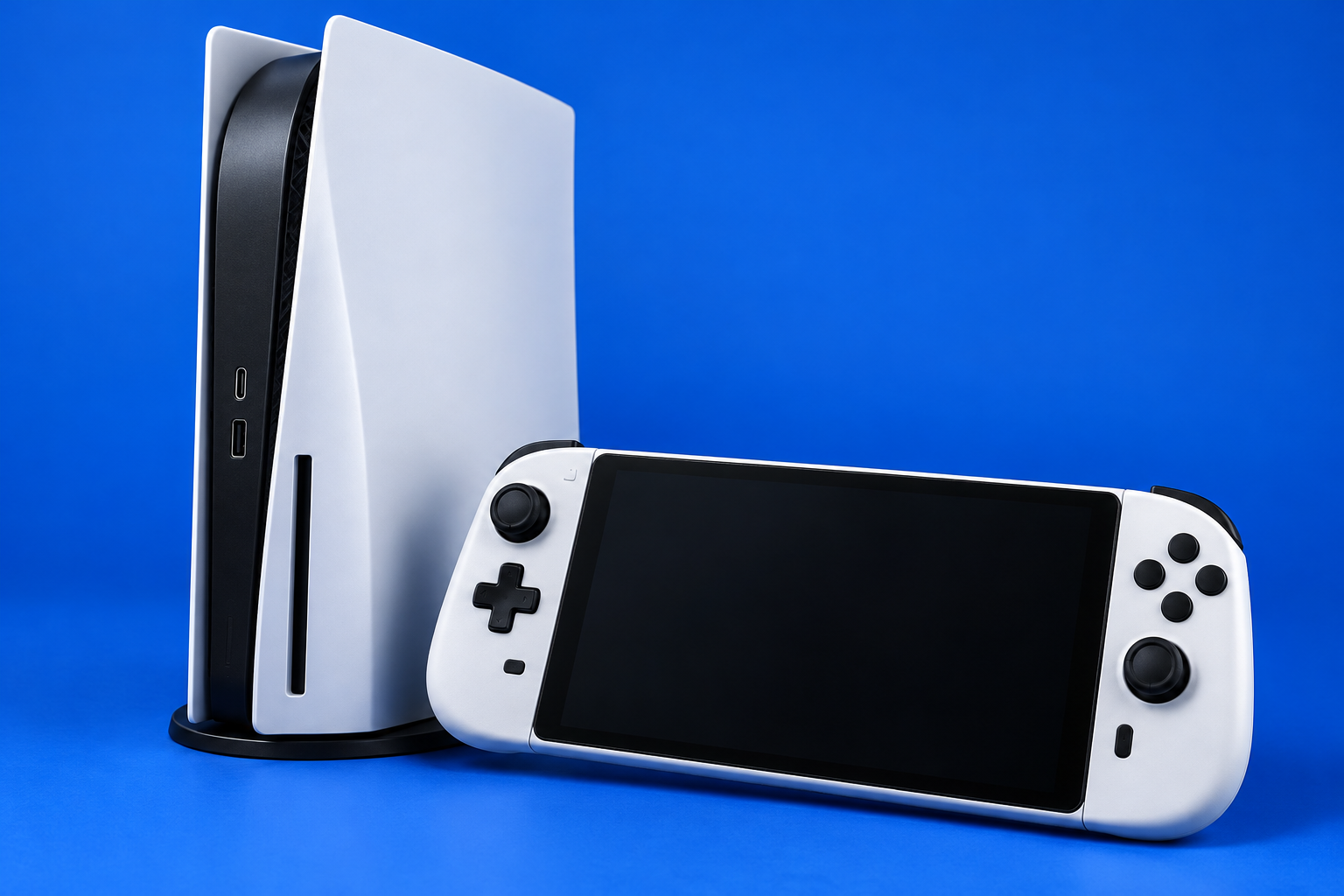Illustration de consoles de jeu blanches et noires sur fond bleu.