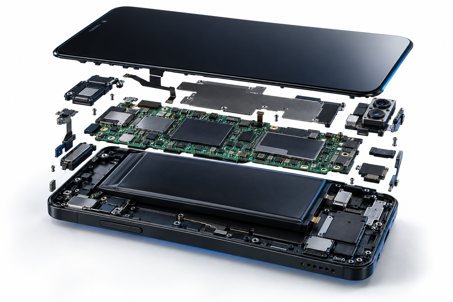 Illustration d’un smartphone ouvert, avec son écran et ses composants.